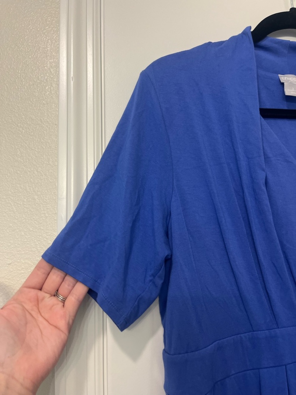 Chicos Classic Blue Dress Pleated Sleeves and Waist Knee Length Pockets Sz 12/14 - Picture 4 of 15